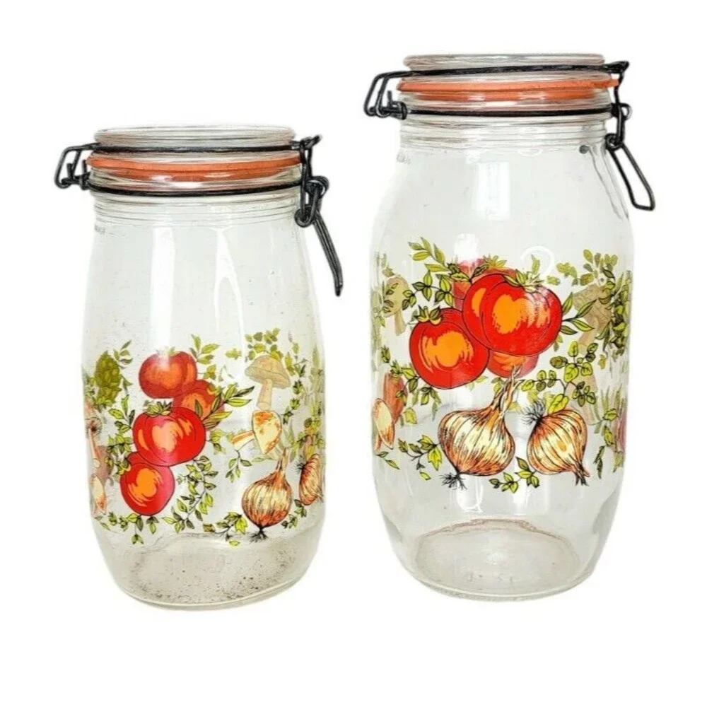 VTG 70s MCM Spice of Life CorningWare Glass Mushroom Vegetable Jars 1.5  2 liter